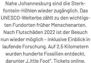 Nahe Johannesburg sind die Sterkfontein H hlen wieder zug nglich. Das UNESCO Welterbe z hlt zu den wichtigsten Fundor...