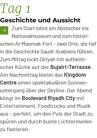 Tag 1 Geschichte und Aussicht ￼Zum Start lohnt ein Abstecher ins Nationalmuseum und zum historischen Al Masmak Fort –...