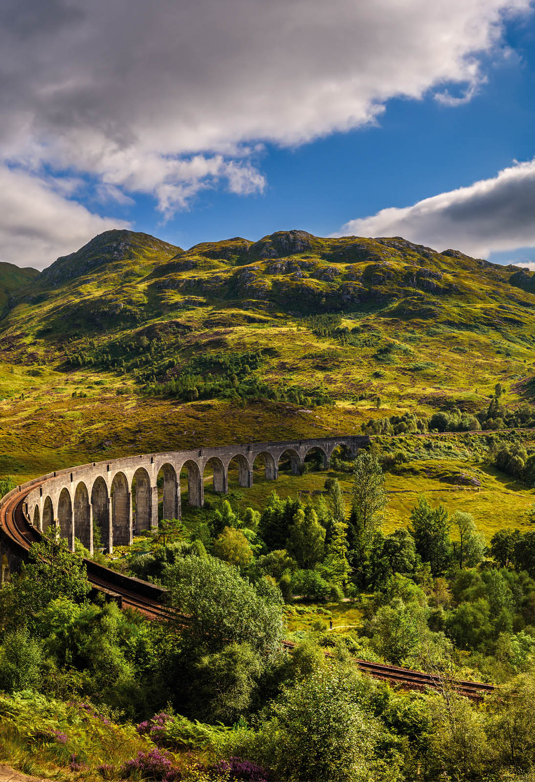 Summer panorama of Glenfinnan Railway Viaduct in Scotland and surrounding mountains