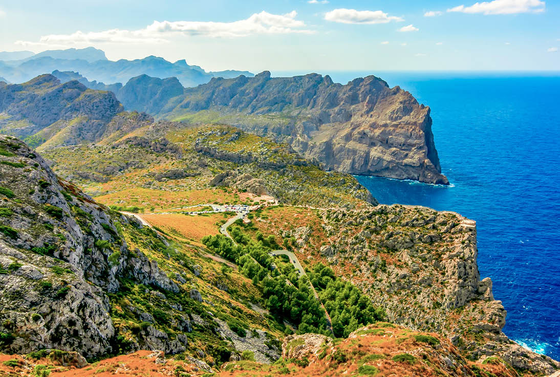 Tramuntana mountains (Serra de Tramuntana) in west of Mallorca seen from Formentor cape, Balearic islands, Spain