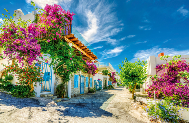 A street with a blue house and purple flowers. Beschreibung von KI generiert