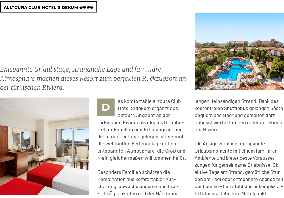 alltoura Club Hotel Sidekum ￼,langen, feinsandigen Strand. Dank des kostenfreien Shuttlebus gelangen G ste bequem ans...