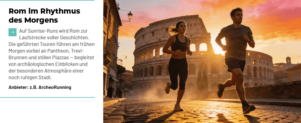 Rom im Rhythmus des Morgens ￼Auf Sunrise Runs wird Rom zur Laufstrecke voller Geschichten. Die gef hrten Touren f hre...