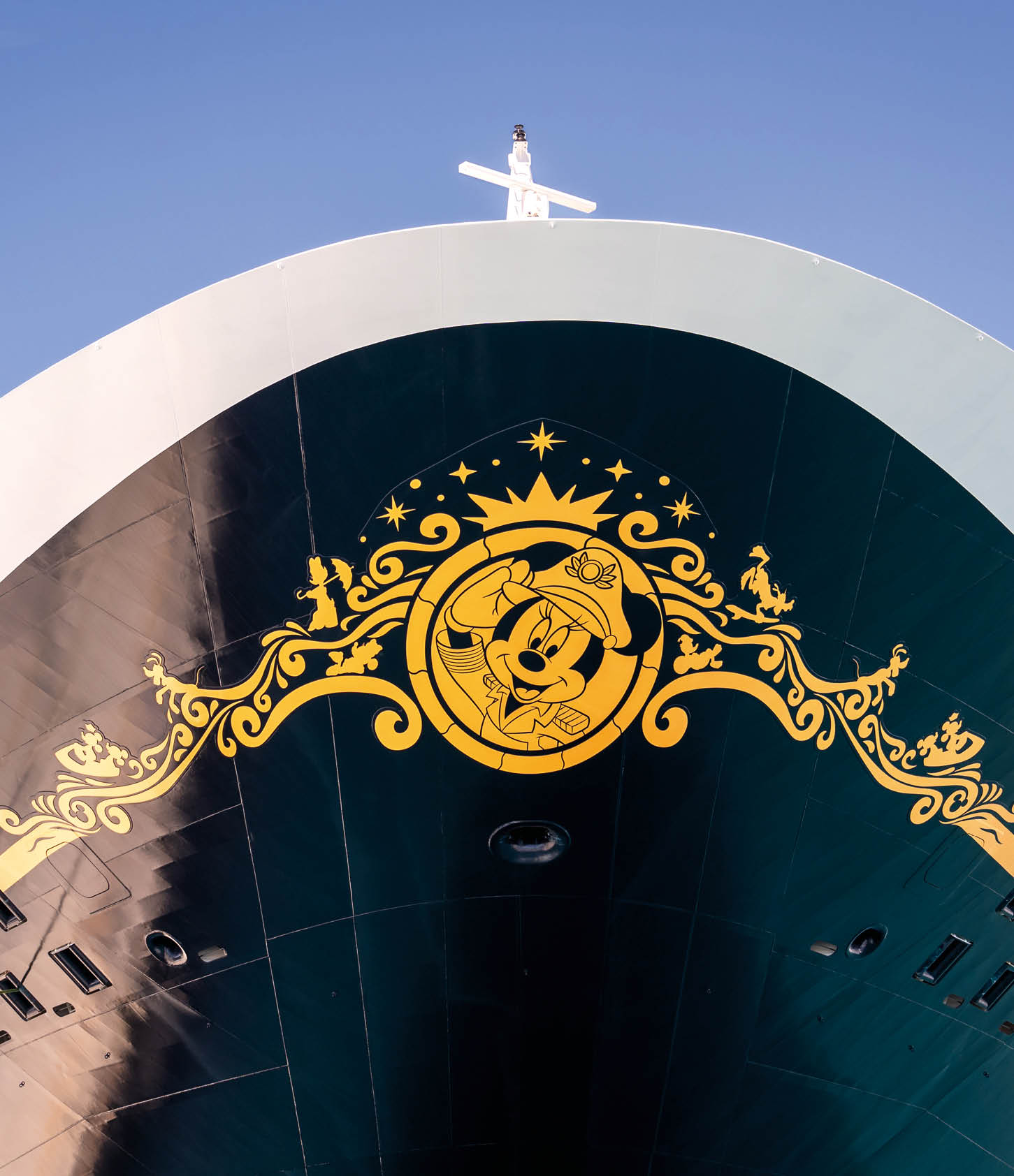 Nassau, Bahamas - April 9, 2024: Bow of the Disney Wish cruise ship, the newest ship to join the Disney Cruise Line family.