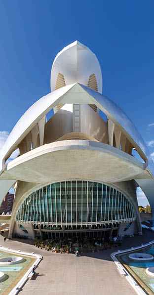 Valencia, Spain - February 17, 2022: Ciutat de les Arts i les Ciencies with Palace of the Arts building modern architecture by Santiago Calatrava portrait format in Valencia, Spain.