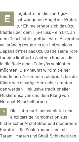 ￼ ingebettet in die sanft geschwungenen H gel der Pr fektur Ehime erhebt sich das Ozu Castle ber dem Hiji Fluss – ei...