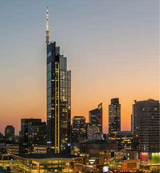 Palace of Culture and Science in Warsaw at sunset