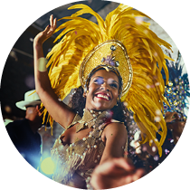 Carnival, performance and woman with samba for dance, parade and event in Brazil. Happiness, female dancer and celebration in city with creative fashion, confetti and music for tradition and culture.