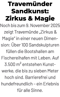 Travem nder Sandkunst: Zirkus & Magie Noch bis zum 9. November 2025 zeigt Travem nde „Zirkus & Magie“ in einer neuen ...