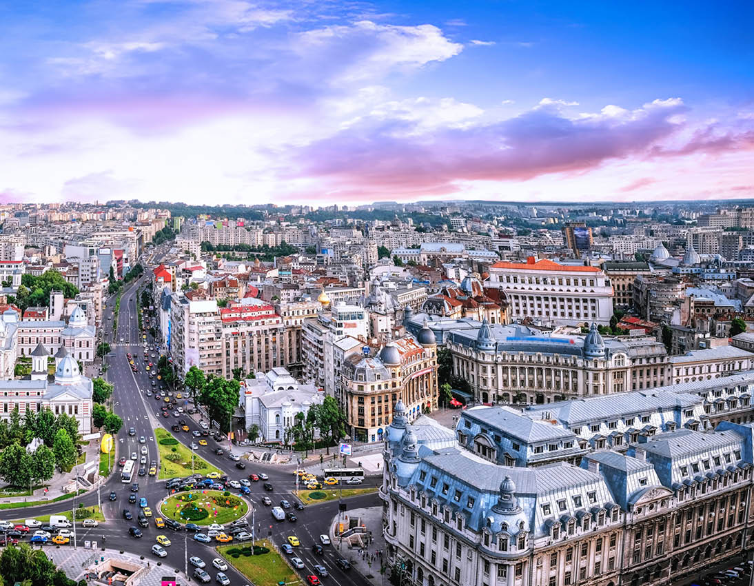 180 Degrees aerial panorama of the capital city of Romania, Bucharest. Blue sky above the center of the city.