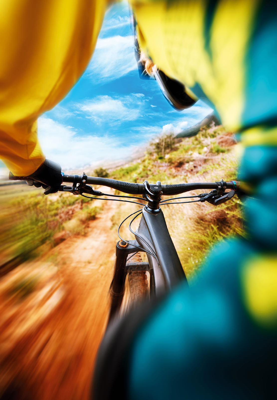 Mountain biker, dirt track and cycling sport for fitness, exercise or training workout in the nature outdoors. Active sports cyclist riding on extreme rocky trail, terrain or land in the countryside.