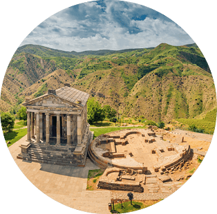 Aerial view of the famous Garni temple in Armenia. The historic Greek style building is located on the edge of a picturesque gorge. Travel and Tourism locations