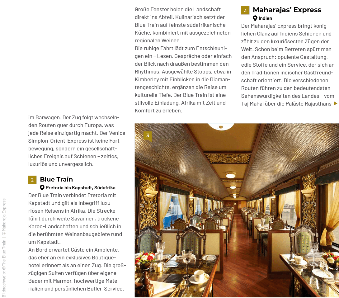 Bildnachweis: ©The Blue Train | ©Maharaja Express,￼Maharajas’ Express ￼Indien Der Maharajas’ Express bringt k niglich...