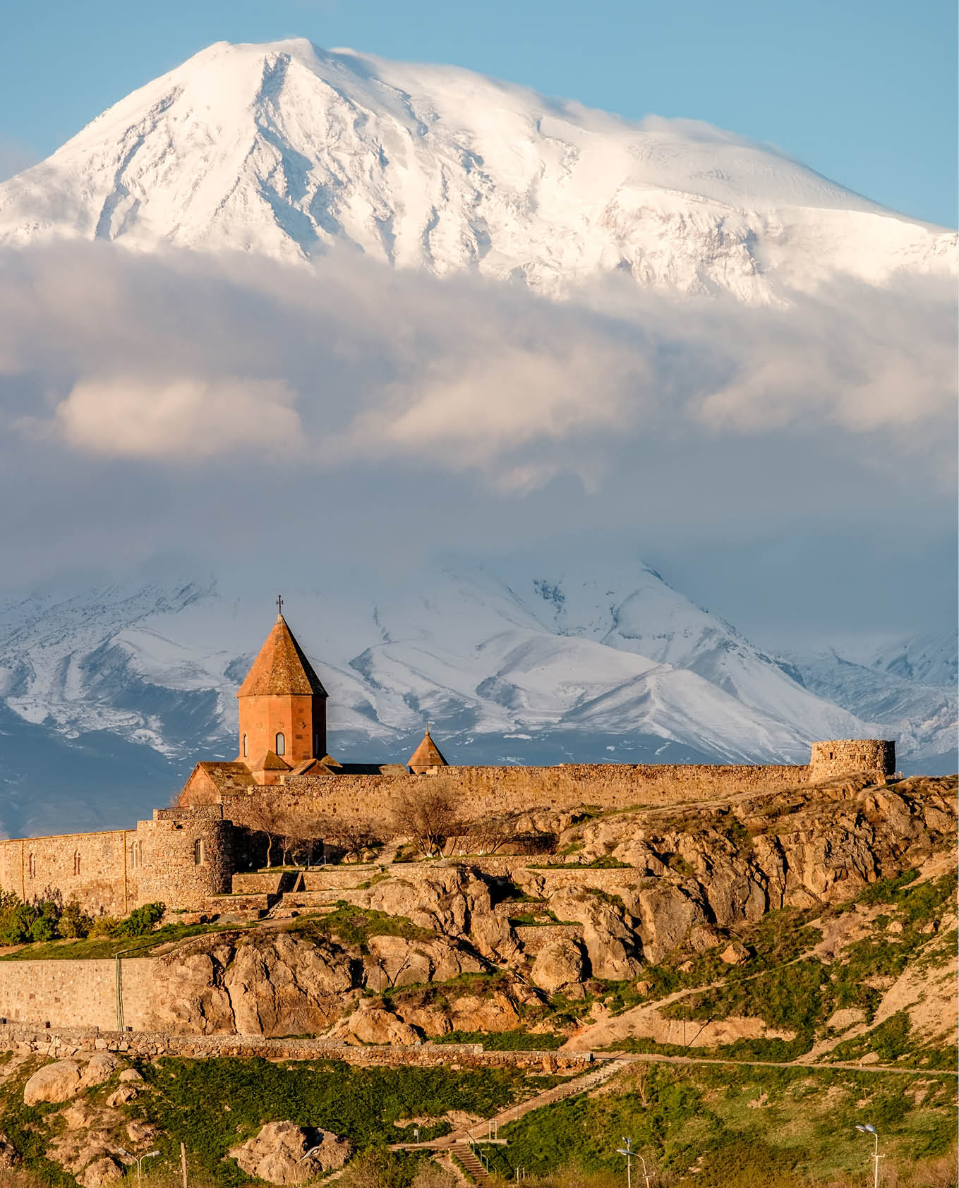 Ancient monastery Khor Virap in Armenia with Ararat mountain at background at sunrise. Was founded in years 642-1662. 