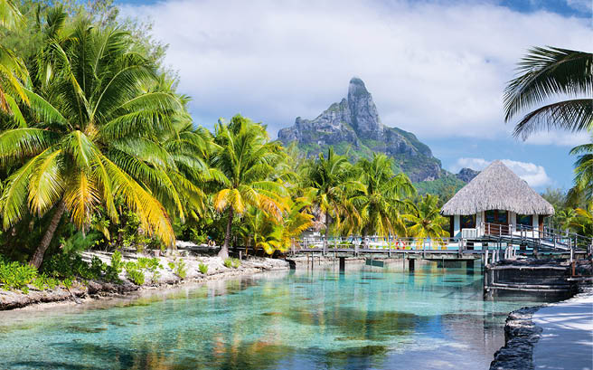 Panorama of a beautiful coast with Otemanu mountain view on Bora Bora island