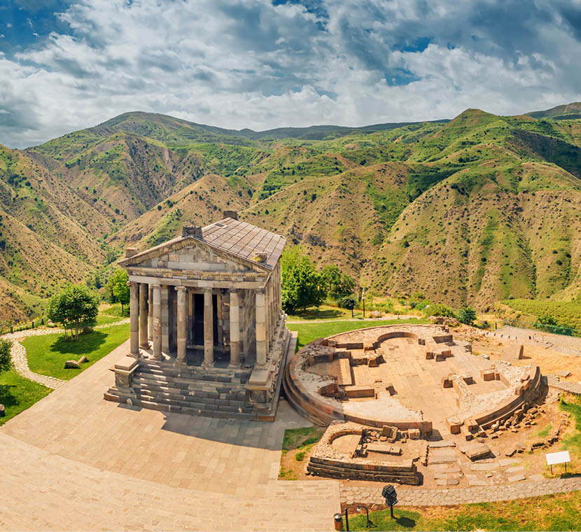 Aerial view of the famous Garni temple in Armenia. The historic Greek style building is located on the edge of a picturesque gorge. Travel and Tourism locations