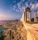 Aerial view on St. Paul's bay in Lindos, Rhodes island, Greece. Panoramic shot overlooking St Pauls Bay at Lindos on the Island of Rhodes, Greece, Europe.