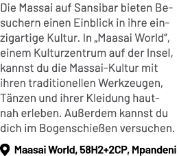 Die Massai auf Sansibar bieten Besuchern einen Einblick in ihre einzigartige Kultur. In „Maasai World“, einem Kulturz...