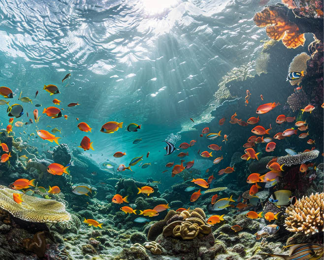 mesmerizing underwater landscape featuring a colorful coral reef and a diverse array of fish gracefully moving through the water Generative AI