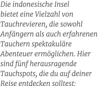 Die indonesische Insel bietet eine Vielzahl von Tauchrevieren, die sowohl Anf ngern als auch erfahrenen Tauchern spek...