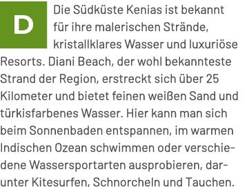￼Die S dk ste Kenias ist bekannt f r ihre malerischen Str nde, kristallklares Wasser und luxuri se Resorts. Diani Bea...