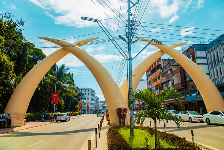 Mombasa,Kenya Africa. 19.10.2019 Symbolic “Tusks" in city center Mombasa.The tusks were built to commemorate the visit of Queen Elizabeth to the town in 1952.