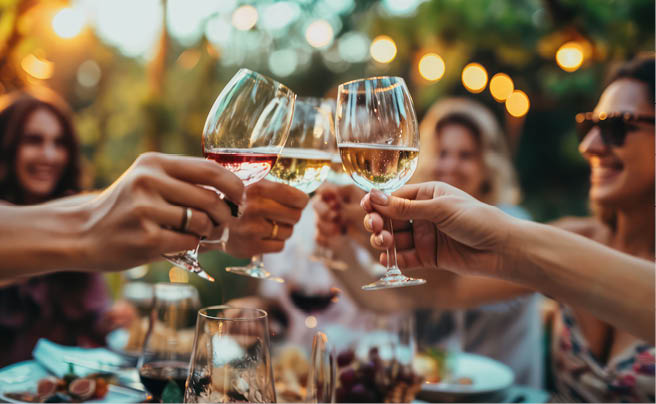 Friends having fun outdoors toasting glasses of wine