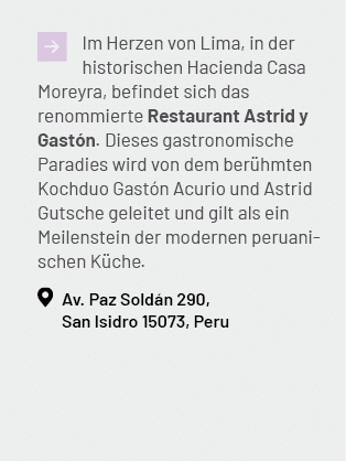 ￼Im Herzen von Lima, in der historischen Hacienda Casa Moreyra, befindet sich das renommierte Restaurant Astrid y Gas...