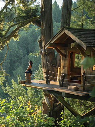 Looking out from a treehouse high above the forest canopy, a woman takes in the view of a beautiful landscape.