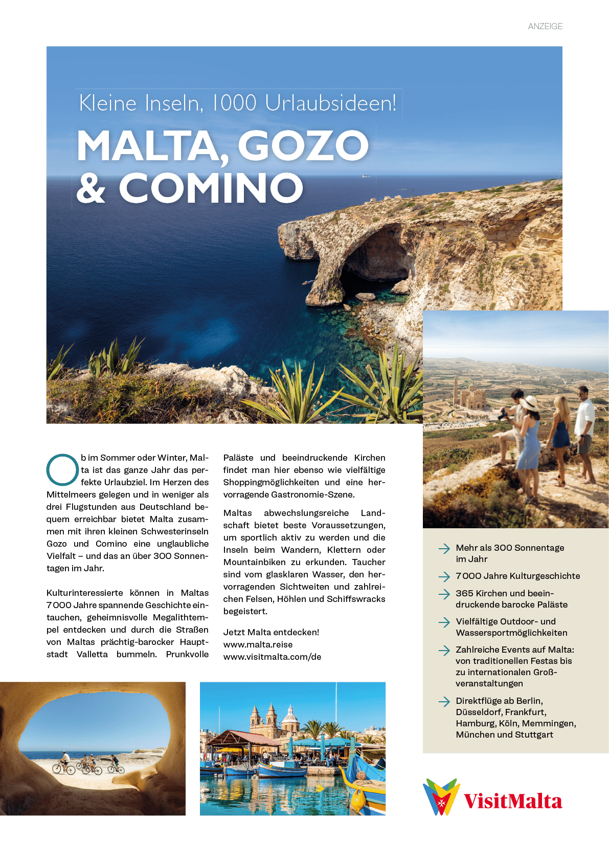 Anzeige vom Tourismusamt Malta mit dem Titel “Kleine Inseln, 1000 Urlaubsideen"