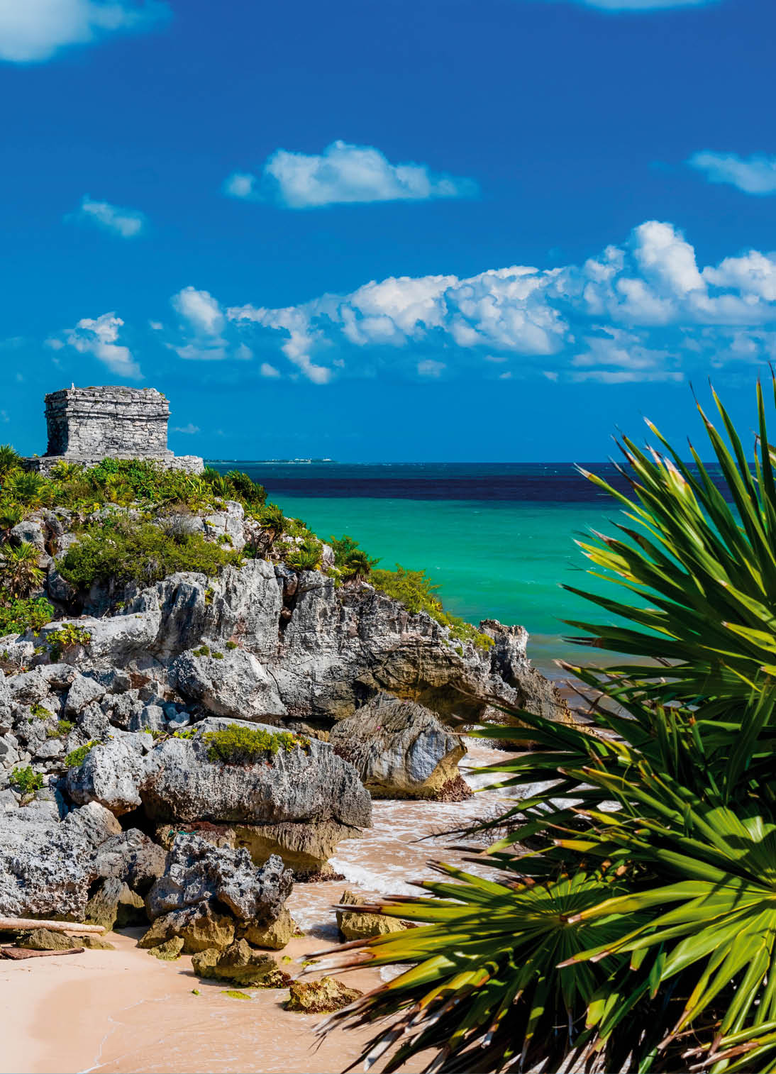 Maya-Ruine am Meer: Alte Steinruine auf Felsk ste mit Blick auf t rkisfarbenes Meer und teils bewachsener Vegetation.