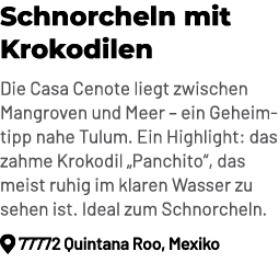 Schnorcheln mit Krokodilen Die Casa Cenote liegt zwischen Mangroven und Meer – ein Geheimtipp nahe Tulum. Ein Highlig...