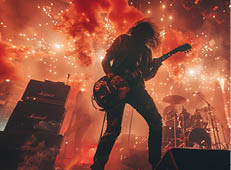 Heavy-Metal-Gitarrist tritt mit Feuerwerk auf