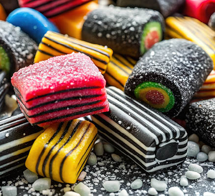 Nahaufnahme von gemischtem Lakritzkonfekt mit Zuckerschicht in verschiedenen Farben und Formen.