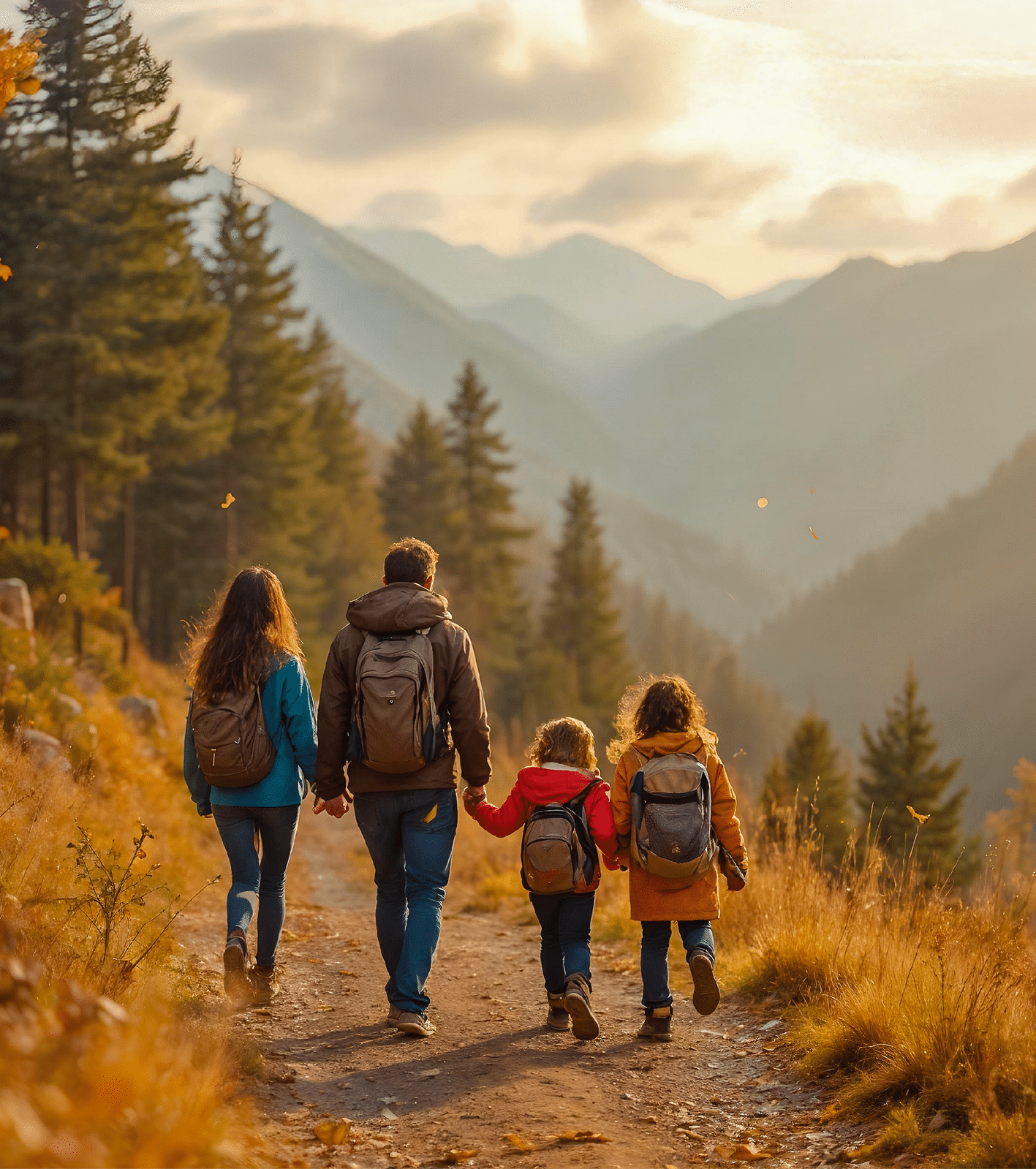 Zwei Erwachsene und zwei Kinder mit Rucks cken wandern auf einem Pfad durch herbstliche Berglandschaft.