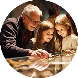  lterer Mann und zwei Kinder betrachten lachend Ausstellungsst cke in beleuchteter Glasvitrine.