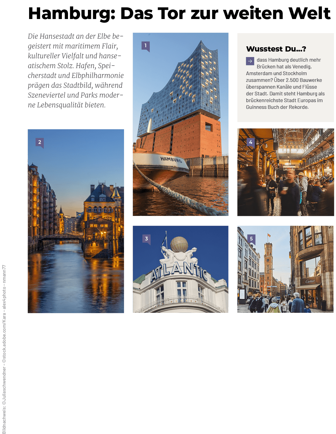 Bildnachweis: ©Juliaschwendner ©stock.adobe.com/Kara alex4photo nmann77 ,Die Hansestadt an der Elbe begeistert mit ma...