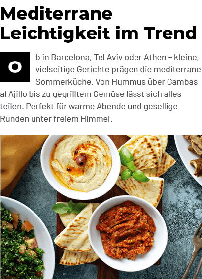 Mediterrane Leichtigkeit im Trend ￼b in Barcelona, Tel Aviv oder Athen – kleine, vielseitige Gerichte pr gen die medi...