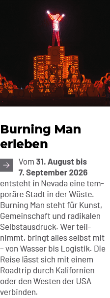 Burning Man erleben ￼Vom 31. August bis 7. September 2026 entsteht in Nevada eine tem por re Stadt in der W ste. Burn...