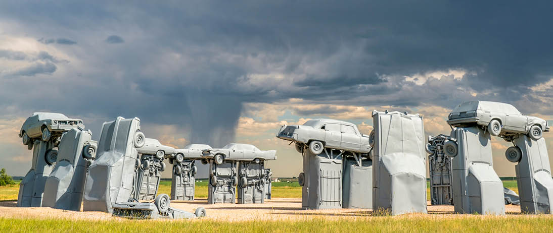 ALLIANCE, NE, USA - July 9, 2017: Carhenge panorama  - famous car sculpture  created by Jim Reinders, a modern replica of  England's Stonehenge using old cars.