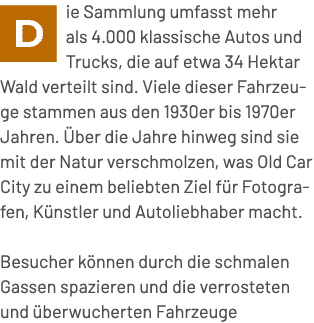 ￼ie Sammlung umfasst mehr als 4.000 klassische Autos und Trucks, die auf etwa 34 Hektar Wald verteilt sind. Viele die...