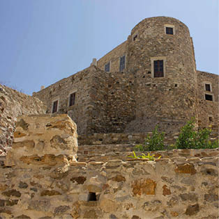 NAXOS, GREECE - AUGUST 16 2016:Naxos Glezos Crispi ancient tower of Kastro castle in Chora city