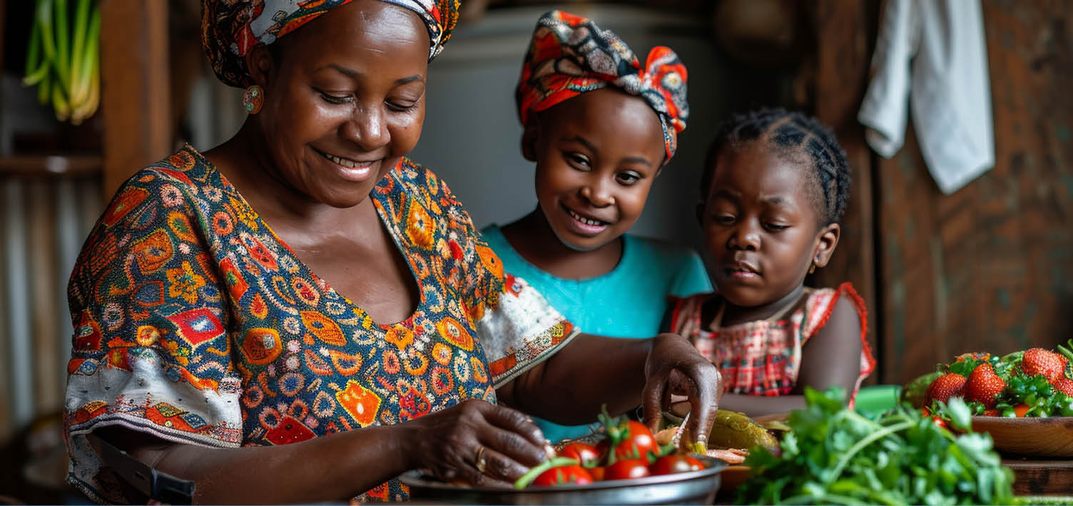 Happy African American woman with little girls daughters preparing food in the kitchen, happy young family
