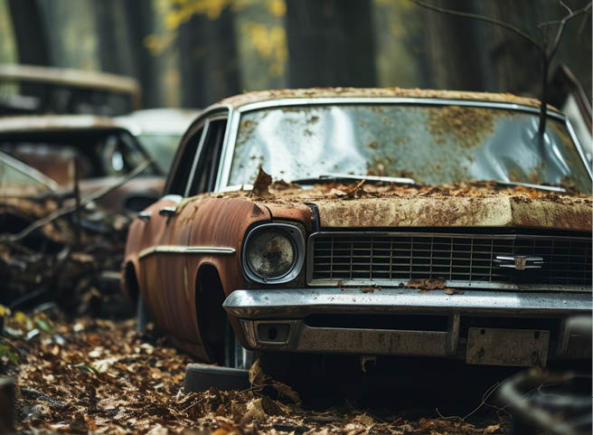Close-up of abandoned vehicles adding to visual pollution