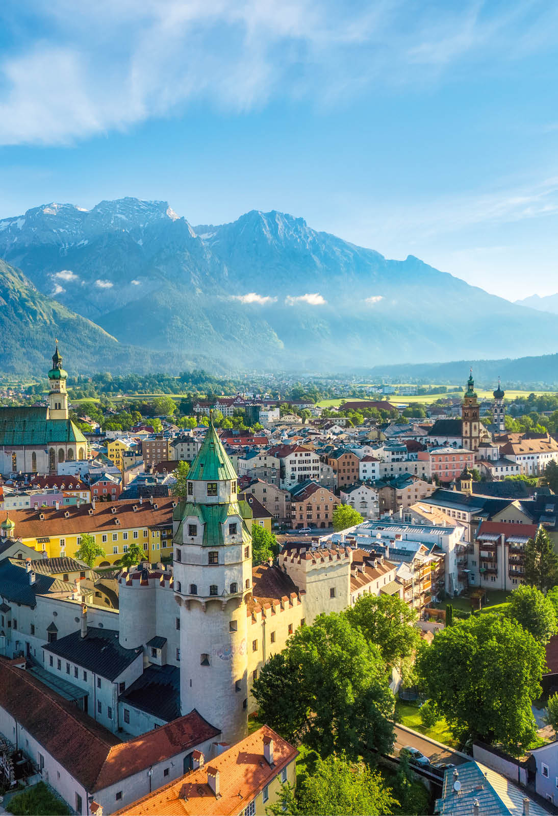 An aerial view of the historical Hall in Tirol Old town, Alps mountains, Austria