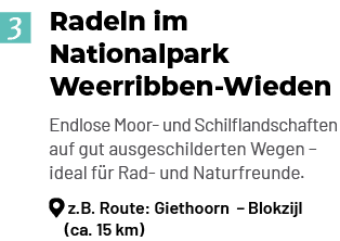 Radeln im Nationalpark Weerribben Wieden Endlose Moor und Schilflandschaften auf gut ausgeschilderten Wegen – ideal f...