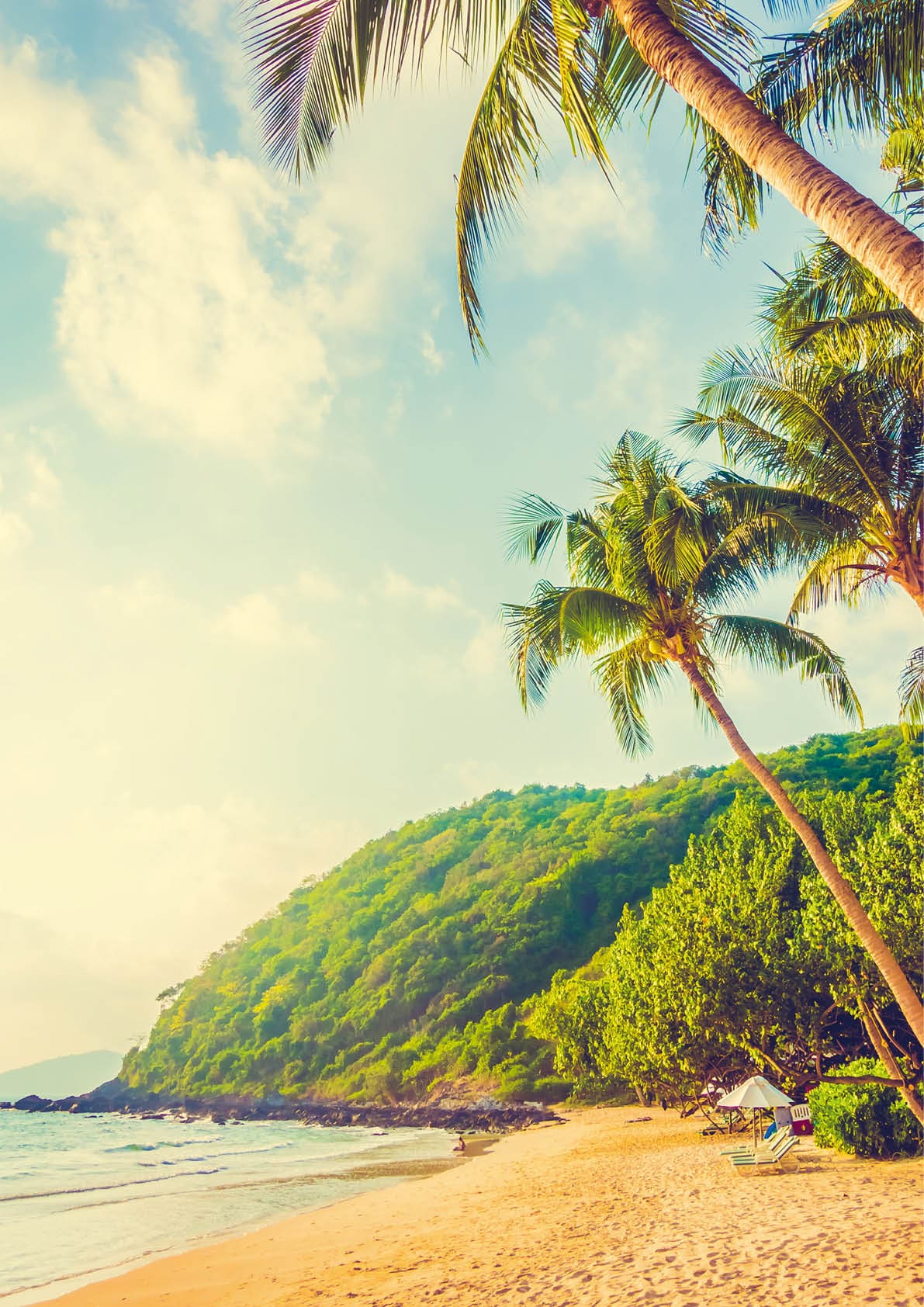 Beautiful tropical beach and sea landscape with coconut palm tree and umbrella and chair - Vintage Filter and Boost up color Processing