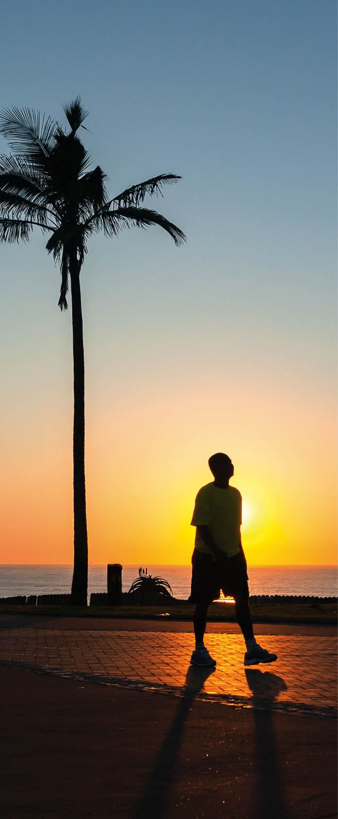 Dawn beach promenade path people silhouetted at sunrise from the horizon ocean landscape.
