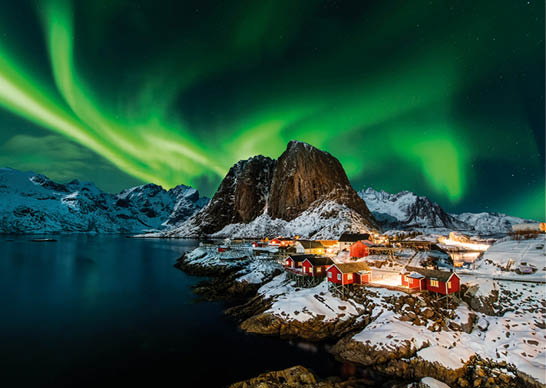 Aurora borealis over Hamnoy in Norway; Shutterstock ID 1504345343; Purchase Order: HUGL0590 EXP21/22 - US Space to Explore camp; Job: HUGL0590 EXP21/22 - US Space to Explore camp; Client/Licensee: Hurtigruten