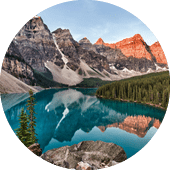 Moraine Lake in Banff National Park in Alberta Canada taken at the peak color of sunrise